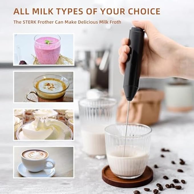 مومنت خلاط حليب محمول مع حامل، خلاط قهوة قوي يعمل بالبطارية، خلاط مشروبات كهربائي صغير لخفق القهوة واللاتيه والكابتشينو والماتشا والشوكولاتة الساخنة باللون الأسود - Image 3