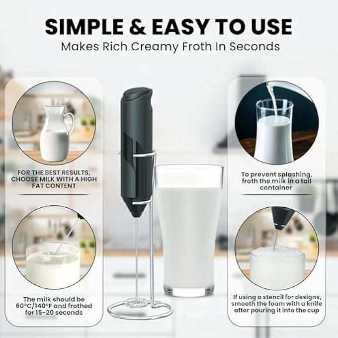 مومنت خلاط حليب محمول مع حامل، خلاط قهوة قوي يعمل بالبطارية، خلاط مشروبات كهربائي صغير لخفق القهوة واللاتيه والكابتشينو والماتشا والشوكولاتة الساخنة باللون الأسود - Image 5