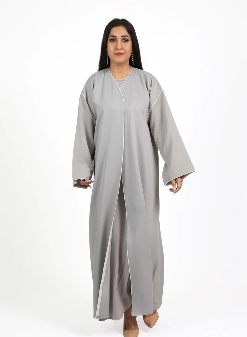 Nikias Grey Barbie Abaya with Off-White Piping