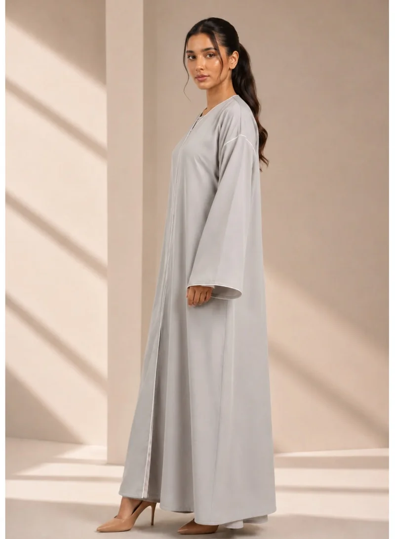 Nikias Grey Barbie Abaya with Off-White Piping