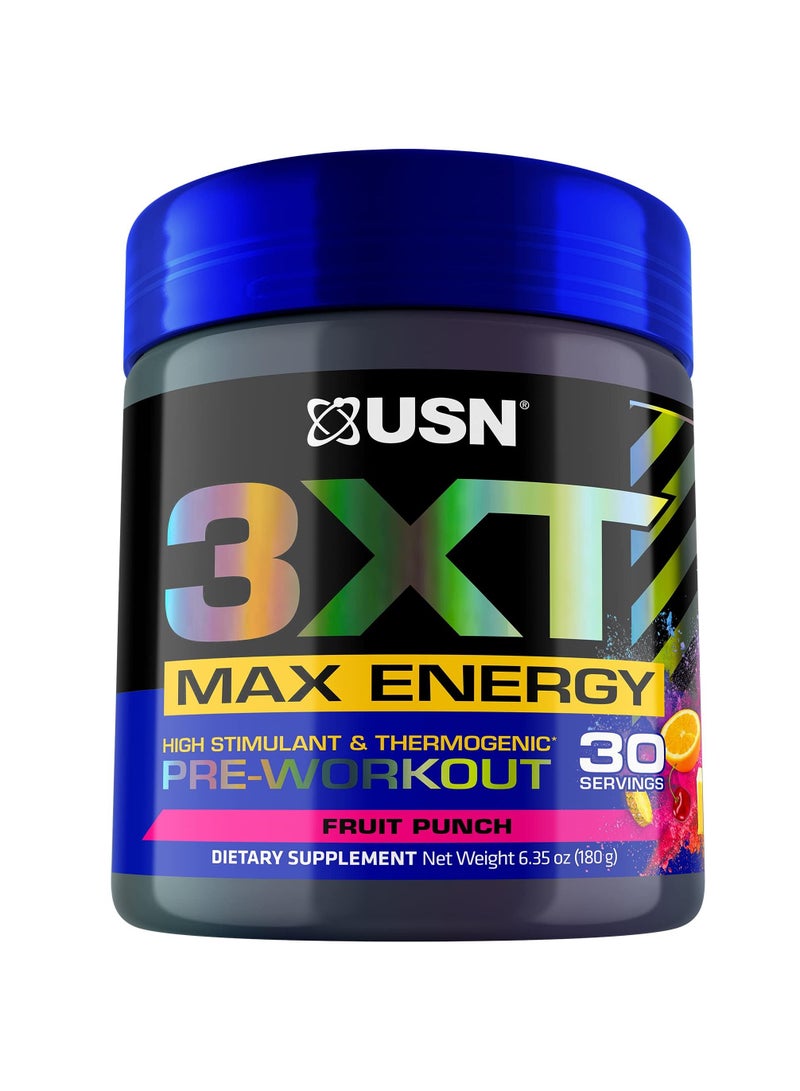 USN 3Xt Max Energy, High Stimulant And Thermogenic Pre-Workout, Fruit Punch Flavour, 30Servings - Image 1