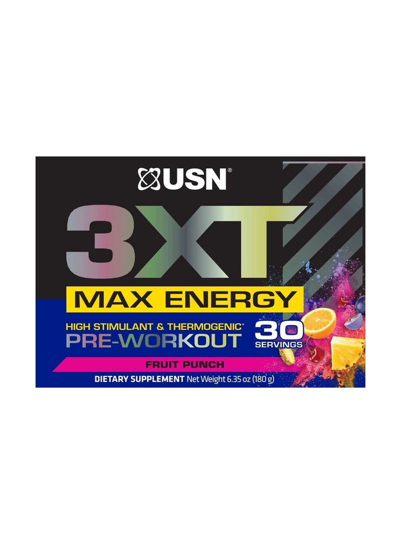 USN 3Xt Max Energy, High Stimulant And Thermogenic Pre-Workout, Fruit Punch Flavour, 30Servings - Image 3