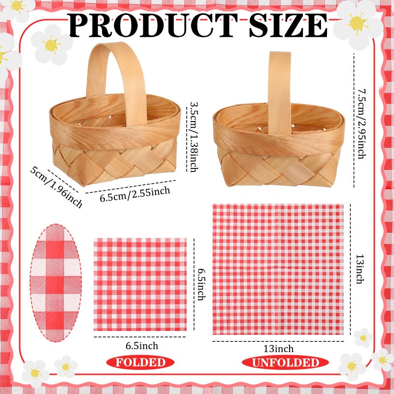 Geelin 36 Pcs Mini Woven Basket with Handle and Red White Gingham Paper Napkins Wood Chip Mini Flower Fruit Picnic Basket Chip for Easter Spring Wedding Party Gift Decoration (Small) - Image 3