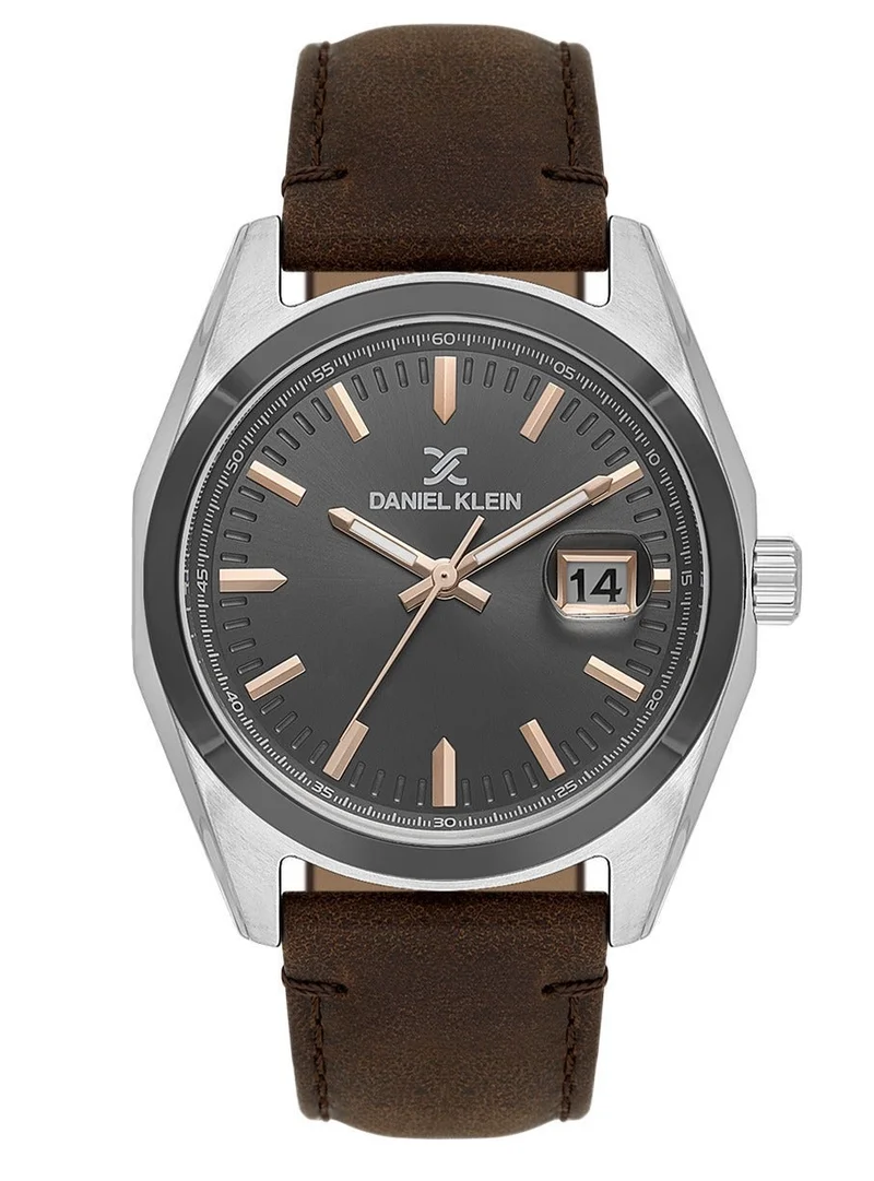 DANIEL KLEIN Men's Leather Silver and Black Alloy Case Analog Black Round Sunray Dial Japanese Quartz Premium 50 Meters Water Resistant
