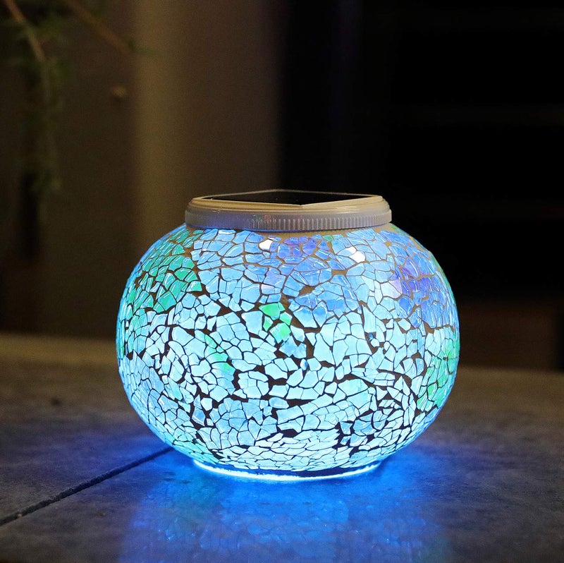 WSgift Color Changing Solar Powered Glass Mosaic Ball Led Garden Lights Rechargeable Solar Table Lights Outdoor Waterproof Solar Night Lights Table Lamps for Decorations Ideal Gifts