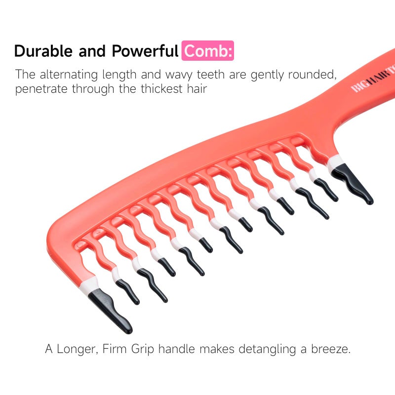 KISMETICS Big Hair Tools Extra Large Wide Tooth Comb for Thick, Curly, Wavy or Long Hair - Frizz-Free Detangling Shower Comb - Orange - Image 2