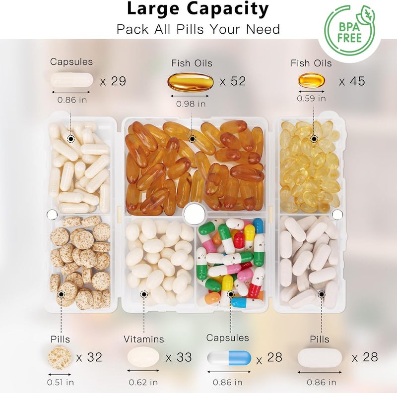 FYY Daily Pill Organizer/Case, 7 Compartments Portable, [Folding Design] Large Travel Pill Box for Purse Pocket to Hold Vitamins,Cod Liver Oil,Supplements and Medication-Clear - Image 4