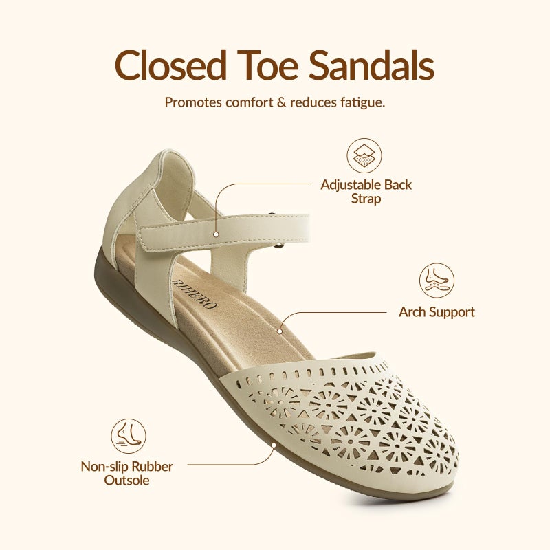 Rihero Women Closed Toe Sandals Summer Lightweight Arch Support Orthopedic Sandals with Ankle Strap Cushioned Footbed for Wedding Holidays Cream Hollow 8 - Image 5