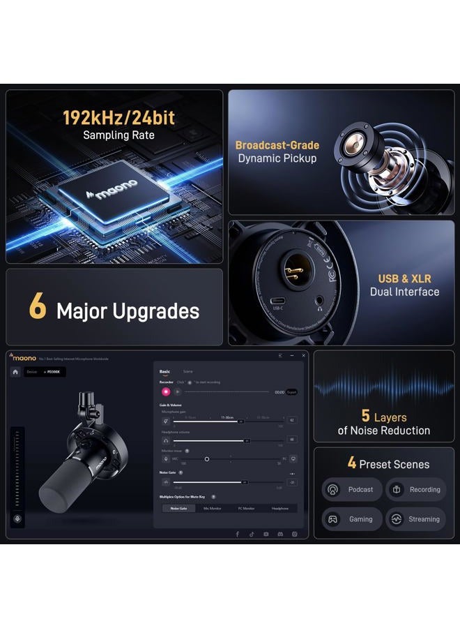 Maono ميكروفون ديناميكي USB XLR للبودكاست: ميكروفون ألعاب الكمبيوتر مع 192kHz/24bit لتسجيل الاستوديو وإنشاء المحتوى PD300XT - Image 2