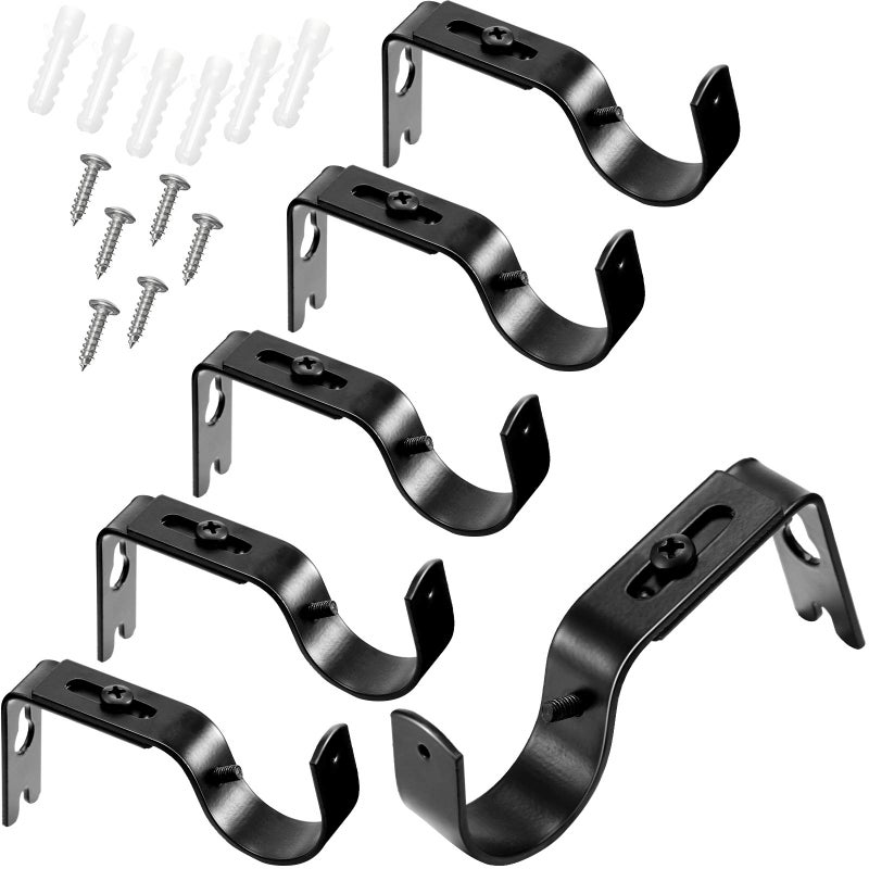 Frienda 6 Pcs Curtain Rod Brackets Adjustable Holder Wall for 1 Inch Diameter Curtain Rod General Bracket Hooks with Screws (Black) - Image 1