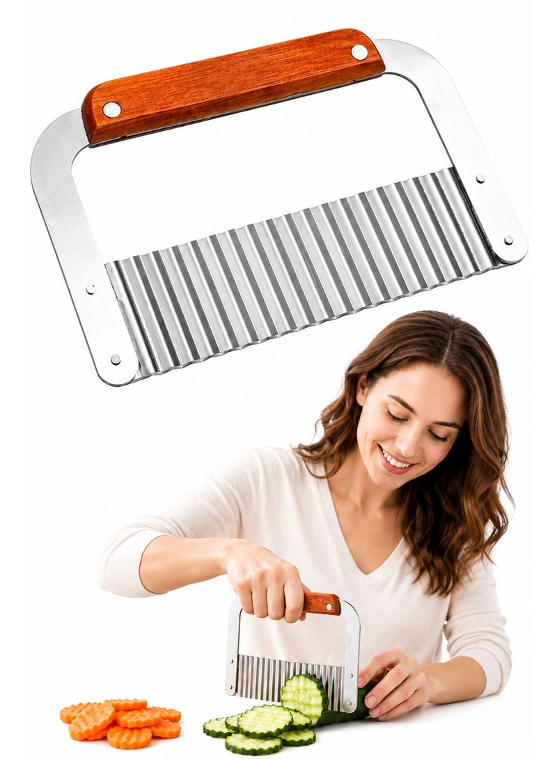 Heavy Duty Stainless Steel Crinkle Cutter with Wooden Handle, Wavy Vegetable Chopper & French Fry Cutter for Potatoes, Carrots, Fruits, Chips & Garnishes - Image 1