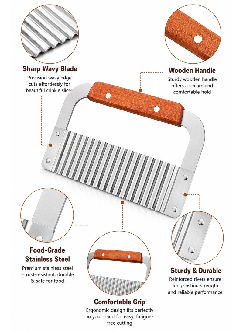Heavy Duty Stainless Steel Crinkle Cutter with Wooden Handle, Wavy Vegetable Chopper & French Fry Cutter for Potatoes, Carrots, Fruits, Chips & Garnishes - Image 2