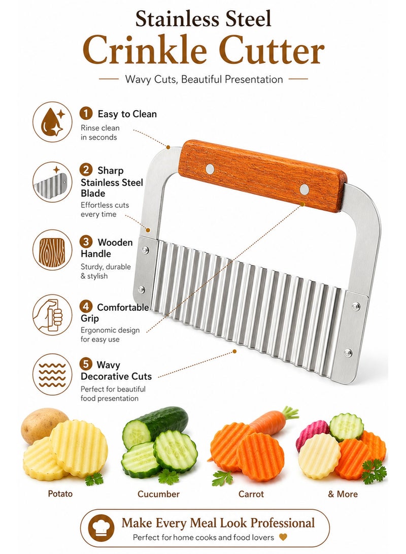 Heavy Duty Stainless Steel Crinkle Cutter with Wooden Handle, Wavy Vegetable Chopper & French Fry Cutter for Potatoes, Carrots, Fruits, Chips & Garnishes - Image 3