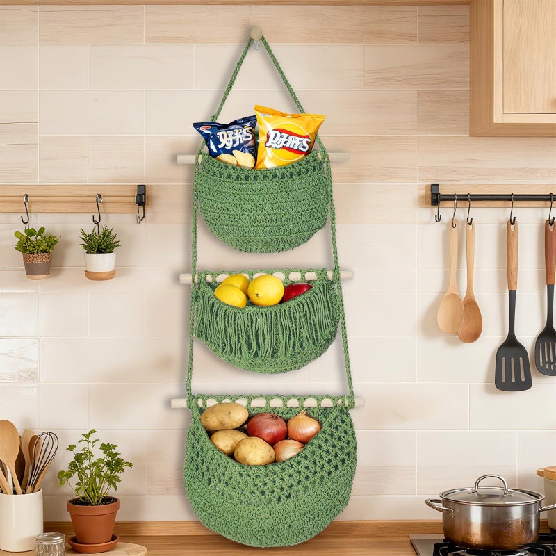 Halidali 3 Tier Hanging Fruit Baskets for Kitchen, Boho Cotton Rope Handwoven Vegetable Hammock Produce Storage Wall Mounted Large Organizing Basket for Farmhouse Decor, Over The Door, Onion, Potato (Green) - Image 4