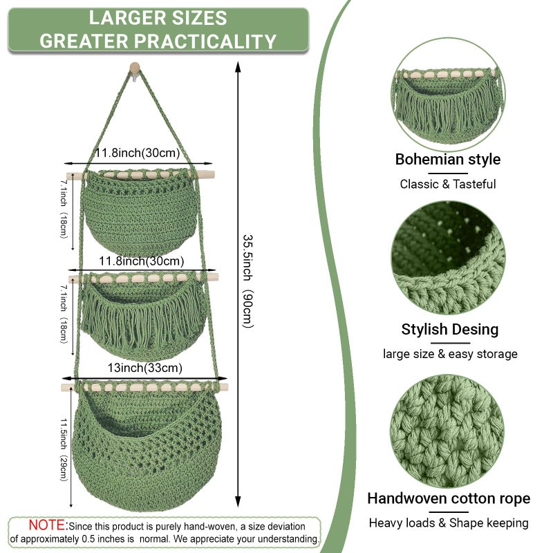 Halidali 3 Tier Hanging Fruit Baskets for Kitchen, Boho Cotton Rope Handwoven Vegetable Hammock Produce Storage Wall Mounted Large Organizing Basket for Farmhouse Decor, Over The Door, Onion, Potato (Green) - Image 2