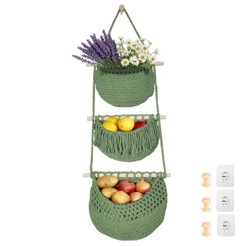 Halidali 3 Tier Hanging Fruit Baskets for Kitchen, Boho Cotton Rope Handwoven Vegetable Hammock Produce Storage Wall Mounted Large Organizing Basket for Farmhouse Decor, Over The Door, Onion, Potato (Green) - Image 1