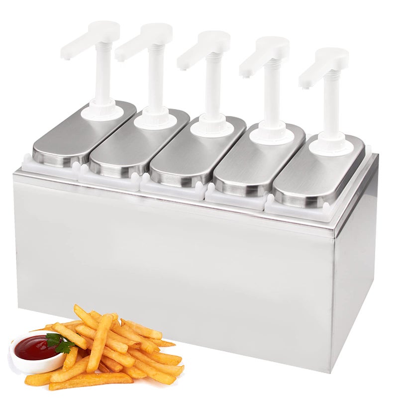 Saladulce Saladulce 53Qt Sauce Pump Station  Stainless Steel Condiment Dispenser with 5  11Qt Jars 