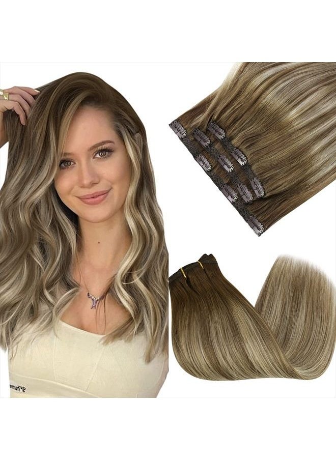 Sunny Hair Sunny Clip in Hair Extensions Ombre Brown to Medium Brown Highlights Platinum Blonde Clip on Hair Extensions Human Hair Ombre Real Hair Extensions Clip in Human Hair 3pcs 70g 18inch  - Image 1