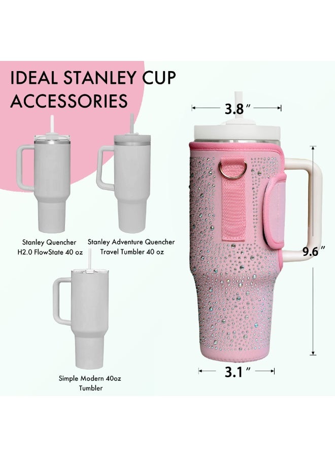 Bling Stanley Cup Holder with Strap & Letter Charm,40 oz Stanley Water Bottle Carrier Bag (Pink) - Image 3