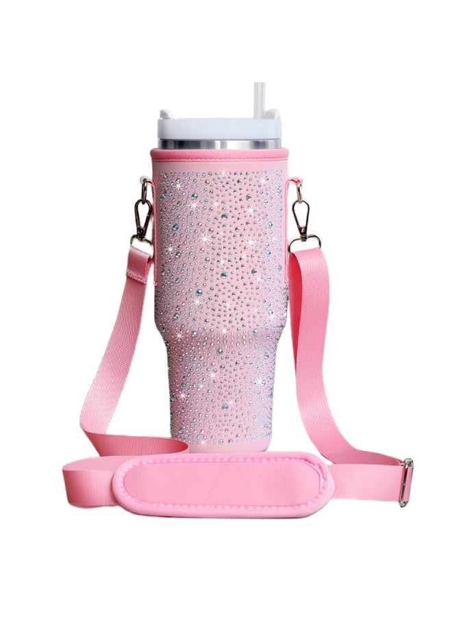 Bling Stanley Cup Holder with Strap & Letter Charm,40 oz Stanley Water Bottle Carrier Bag (Pink) - Image 1