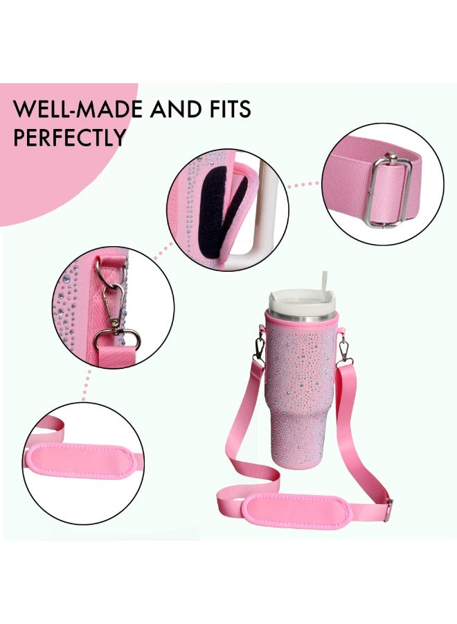 Bling Stanley Cup Holder with Strap & Letter Charm,40 oz Stanley Water Bottle Carrier Bag (Pink) - Image 4
