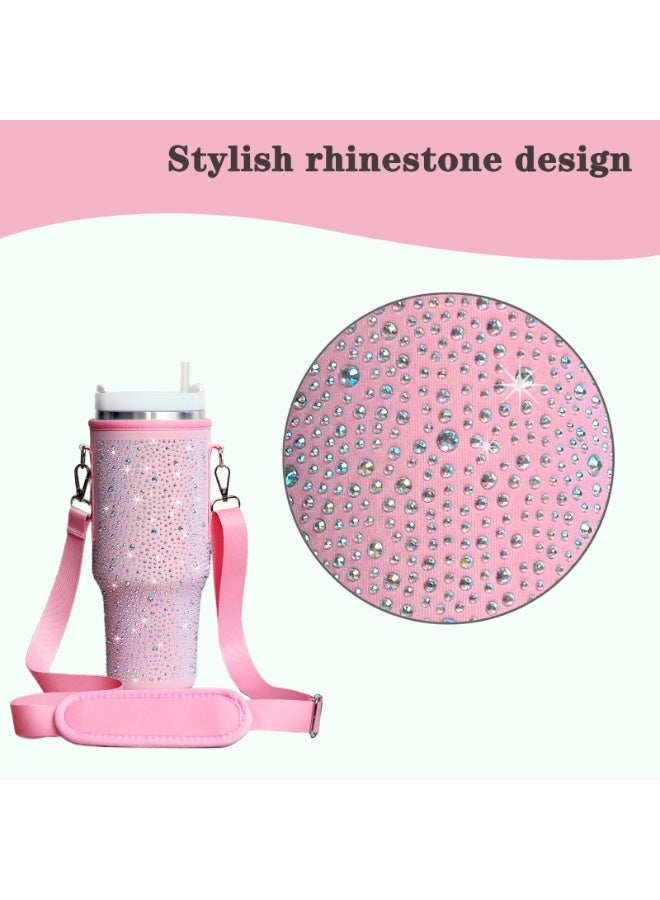 Bling Stanley Cup Holder with Strap & Letter Charm,40 oz Stanley Water Bottle Carrier Bag (Pink) - Image 2