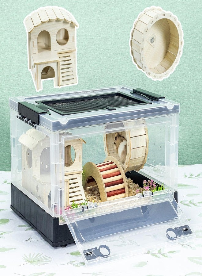 RunDuck Hamsters Cage Large, Foldable Portable 360° Viewing Ventilated Cages with Villas, Exercise Wheels, for Hamsters, Rats, Dwarf Hamsters, Gerbils, Guinea Pigs Black, 16" L x 12" W x 9.5" H - Image 1