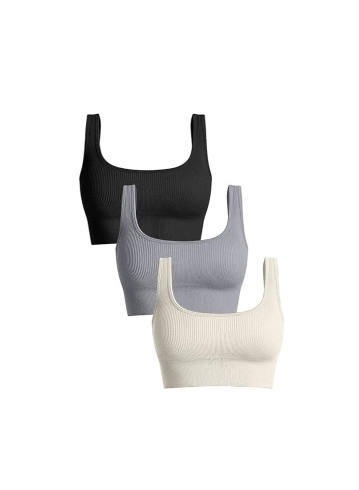 Women's 3 Piece Medium Support Tank Top Ribbed Seamless Removable Cups Workout Exercise Sport Bra