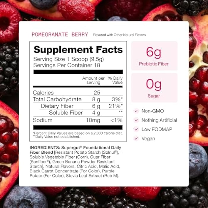 Supergut Foundational Daily Fiber Powder, Sugar Free & Vegan Prebiotic Fiber Blend for Gut Health & Digestive Support, Supplement for Men & Women with Solnul & Sunfiber, Pomegranate Berry, 18 Servings - Image 4