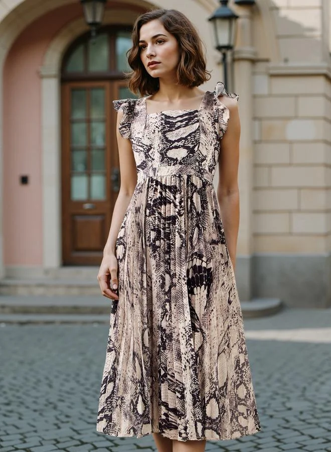 Splash FAV Pleated Midi Dress with Ruffle Sleeves