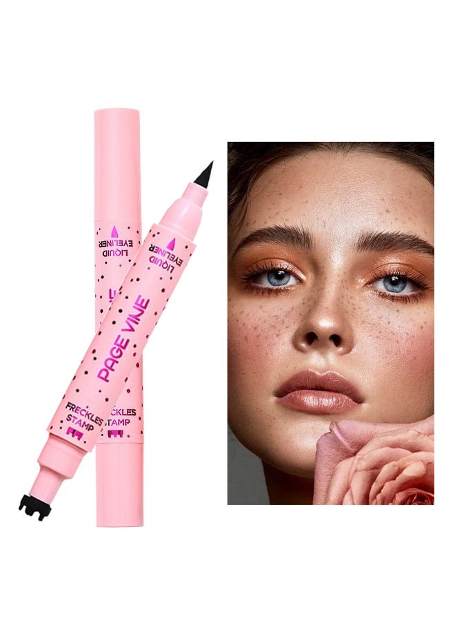 PAGE VINE Eyeliner Freckle Pen, 2 in 1 Light Brown Freckle Stamp and Black Liquid Eyeliner, Waterproof, Natural Lifelike Freckles Makeup, Soft Sopt Pen Magic Fake Freckles- 01# Light - Image 1
