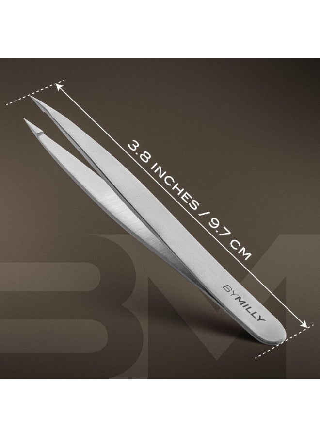By MILLY Pointed Tweezers | High Carbon Stainless Steel Needle Nose | Fine Point Precision Hair Removal | Perfectly Aligned & Hand-Filed Sharp | Silver - Image 3