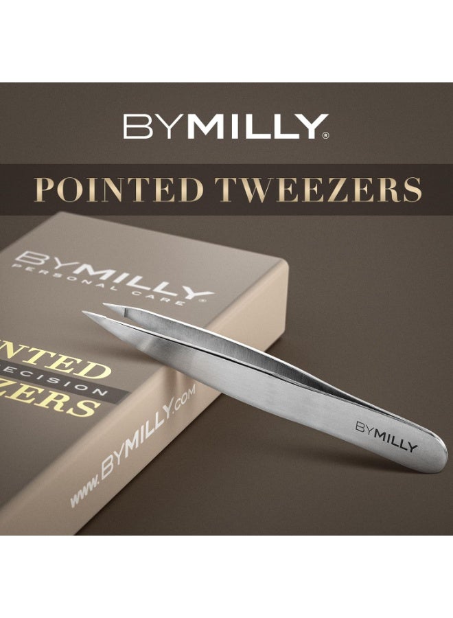 By MILLY Pointed Tweezers | High Carbon Stainless Steel Needle Nose | Fine Point Precision Hair Removal | Perfectly Aligned & Hand-Filed Sharp | Silver - Image 5
