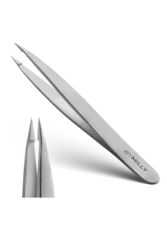 By MILLY Pointed Tweezers | High Carbon Stainless Steel Needle Nose | Fine Point Precision Hair Removal | Perfectly Aligned & Hand-Filed Sharp | Silver - Image 1