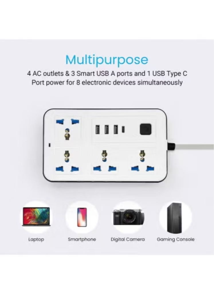 كابتن تيك سلك تمديد عالمي مع 4 مقابس طاقة و3 فتحات USB بطول 3 متر و4 اتجاهات مع فتحة شحن USB من النوع C PD وصلة تمديد 3 متر  - Image 4