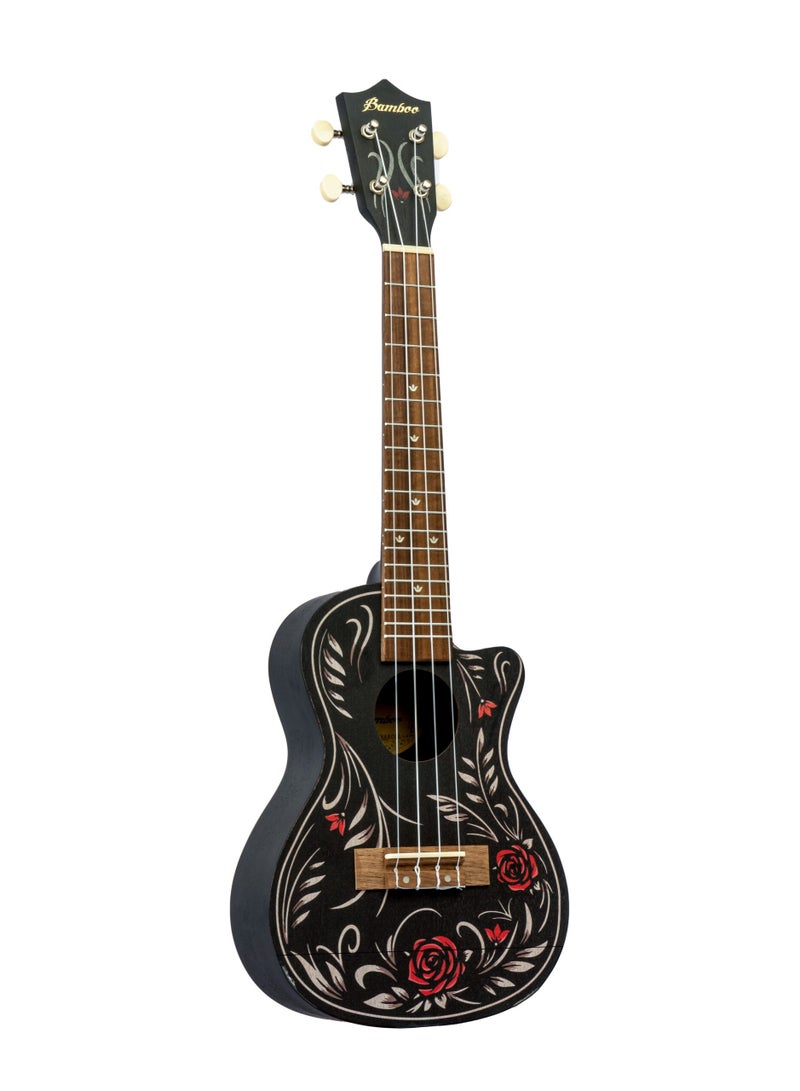 Bamboo U-23 Flower & Roll Concert Ukulele – 23-Inch Black Edition with Artistic Floral Design and Premium Gig Bag  - Image 1