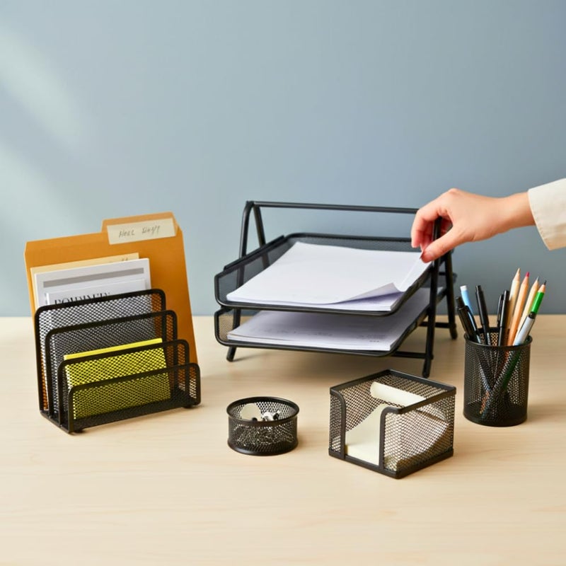 Metal Mesh Desk Set of 5, 2-Tier Tray, Envelope Holder, Pen Holder, Memo and Pins Holder