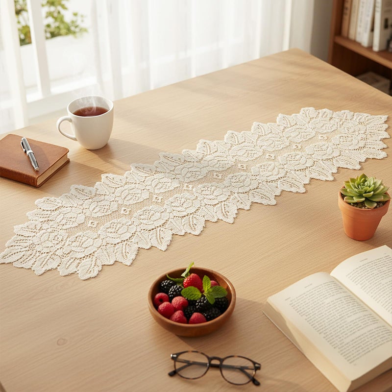 Azefnuhk Beige Oval Lace Table Runner Doilies, Cotton Handmade Crochet Placemats, Floral Table Scarf for Wedding Living Room Kitchen Dining Decor (46.46 x 12.6 Inch) - Image 1
