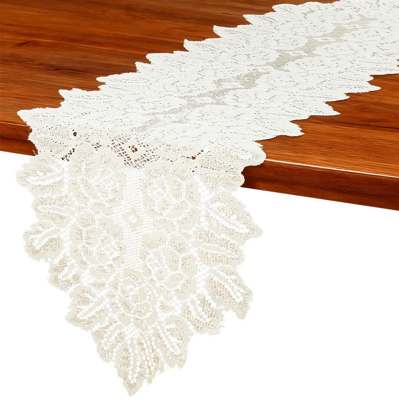 Azefnuhk Beige Oval Lace Table Runner Doilies, Cotton Handmade Crochet Placemats, Floral Table Scarf for Wedding Living Room Kitchen Dining Decor (46.46 x 12.6 Inch) - Image 4