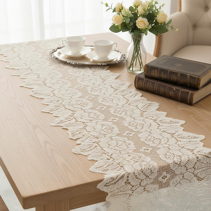 Azefnuhk Beige Oval Lace Table Runner Doilies, Cotton Handmade Crochet Placemats, Floral Table Scarf for Wedding Living Room Kitchen Dining Decor (46.46 x 12.6 Inch) - Image 3