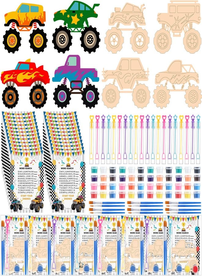 Novabright 24 Set Monster Truck Birthday Party Favor Craft 24 Pcs DIY Wooden Monster Truck Painting Art 24 Pcs Bubble Wand 24 Gift Card Wood DIY Car Gift Bulk for Classrooms Supplies - Image 1