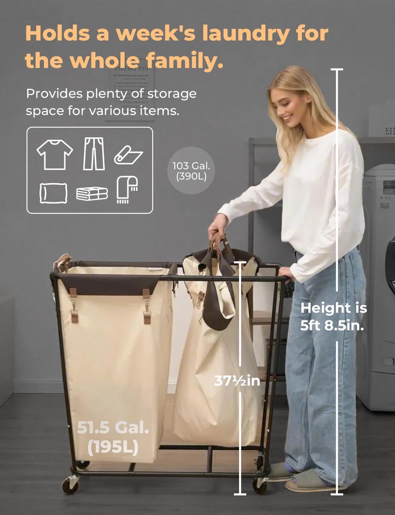 StorageWorks 390L Extra Large Laundry Hamper with Wheels, Laundry Basket with Wheels 2 Sections, Clothes Sorter Cart with Divider for Hotel, Home, Beige, 1-Pack - Image 3