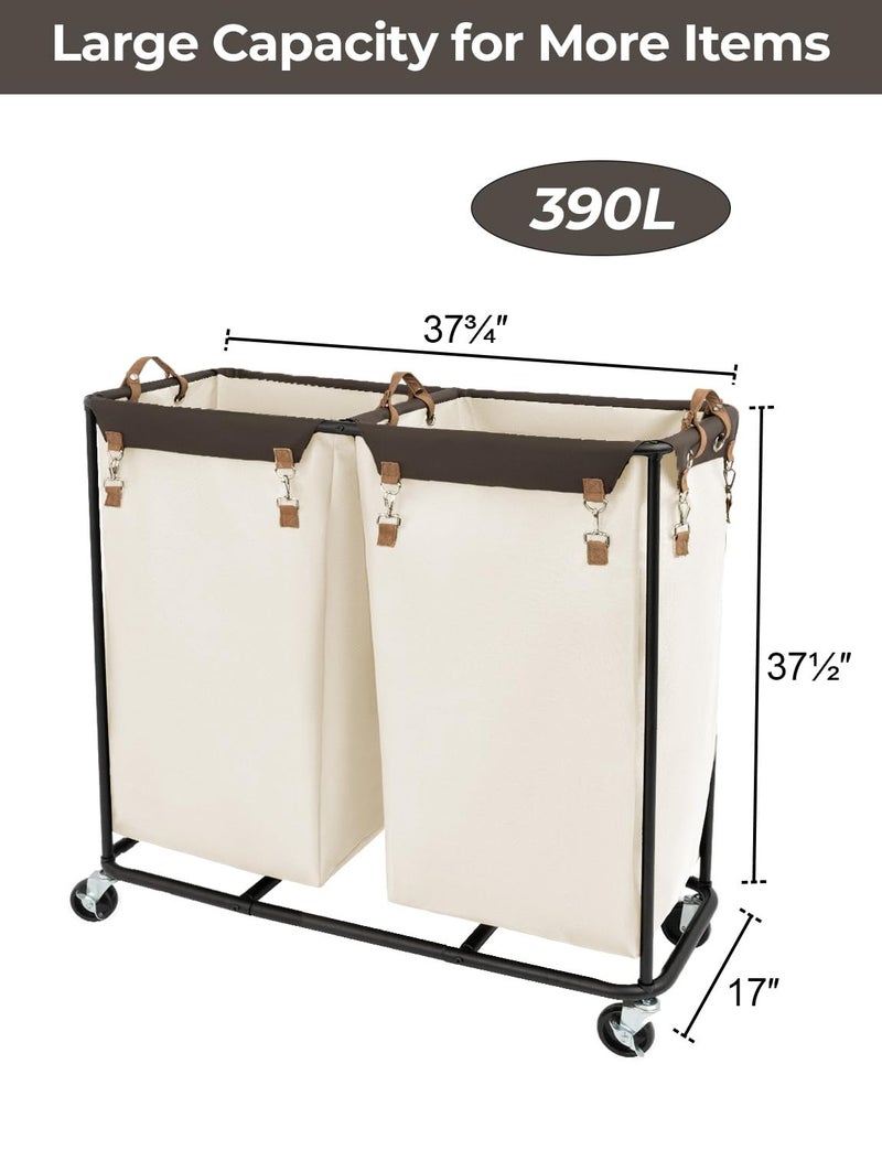 StorageWorks 390L Extra Large Laundry Hamper with Wheels, Laundry Basket with Wheels 2 Sections, Clothes Sorter Cart with Divider for Hotel, Home, Beige, 1-Pack - Image 2