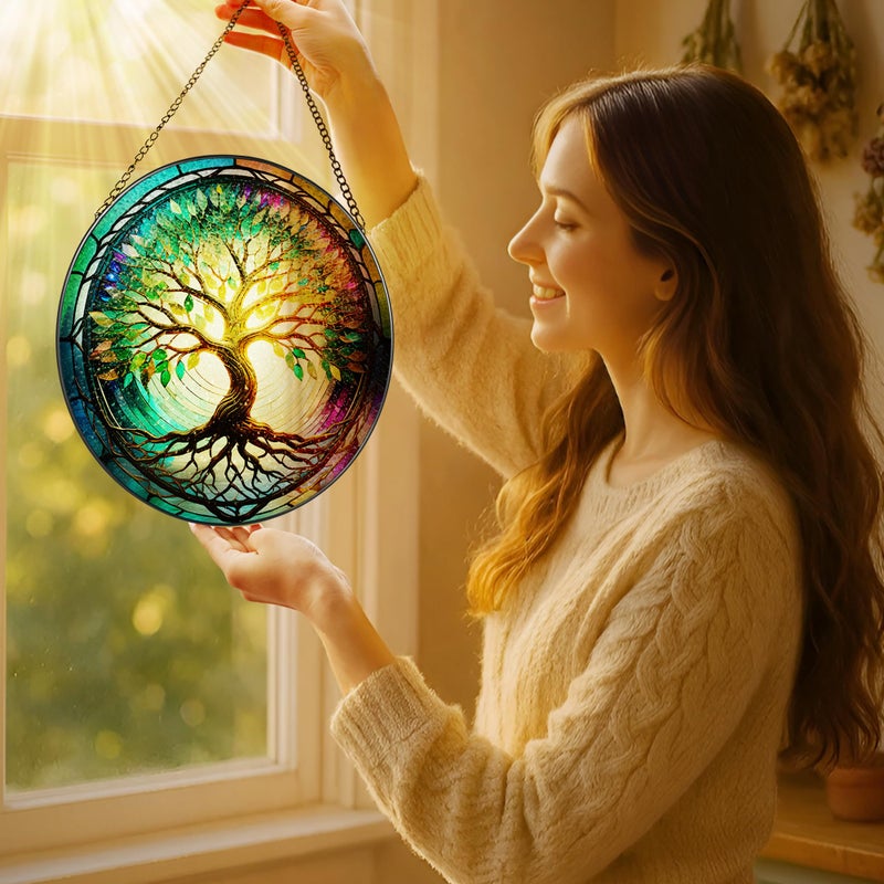 LAOWEIKI Stained Glass Window Hanging, LAOWEIKI 8'' Tree of Life Suncatcher, Stained Glass Ornament, Suncatchers for Windows Hanging, Window Decor, Outdoor or Indoor, Gifts for Mom, Grandma, Wife, Family - Image 2