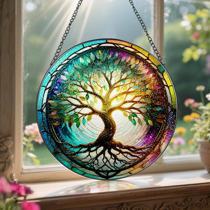 LAOWEIKI Stained Glass Window Hanging, LAOWEIKI 8'' Tree of Life Suncatcher, Stained Glass Ornament, Suncatchers for Windows Hanging, Window Decor, Outdoor or Indoor, Gifts for Mom, Grandma, Wife, Family - Image 5