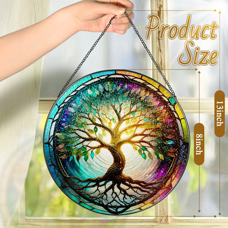 LAOWEIKI Stained Glass Window Hanging, LAOWEIKI 8'' Tree of Life Suncatcher, Stained Glass Ornament, Suncatchers for Windows Hanging, Window Decor, Outdoor or Indoor, Gifts for Mom, Grandma, Wife, Family - Image 4