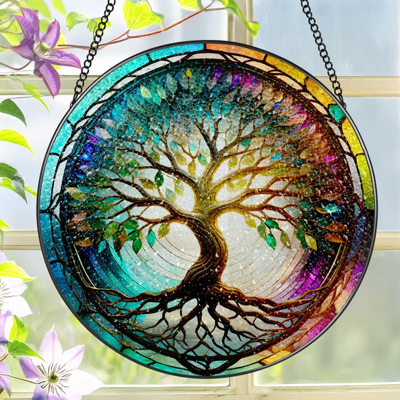 LAOWEIKI Stained Glass Window Hanging, LAOWEIKI 8'' Tree of Life Suncatcher, Stained Glass Ornament, Suncatchers for Windows Hanging, Window Decor, Outdoor or Indoor, Gifts for Mom, Grandma, Wife, Family - Image 1