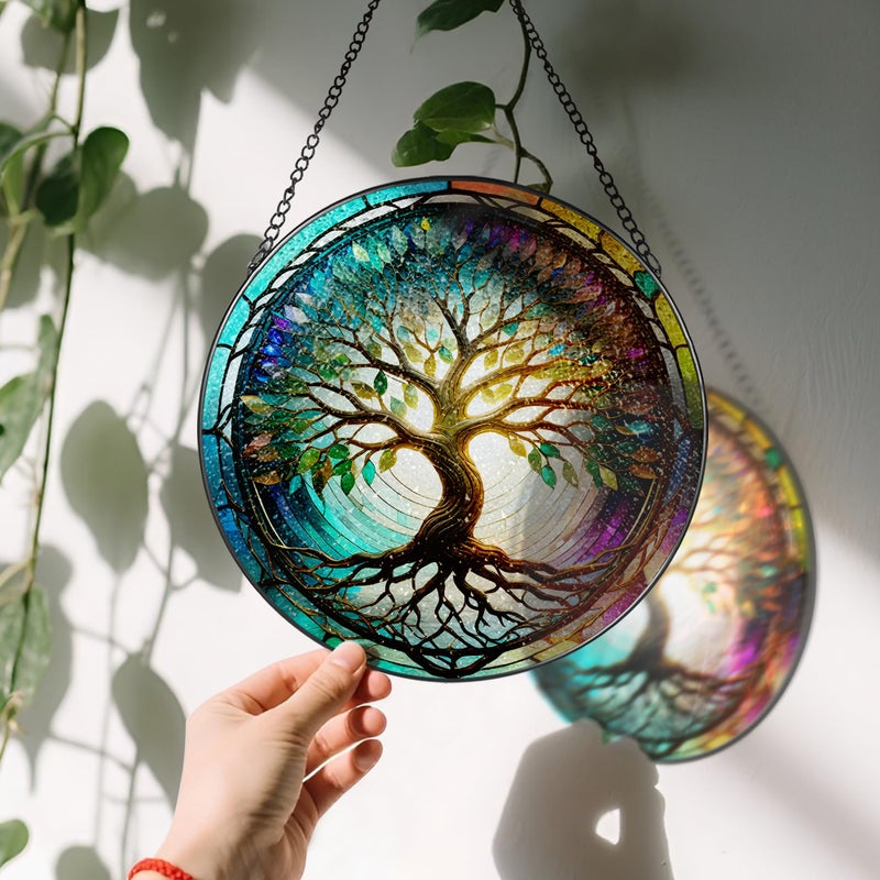 LAOWEIKI Stained Glass Window Hanging, LAOWEIKI 8'' Tree of Life Suncatcher, Stained Glass Ornament, Suncatchers for Windows Hanging, Window Decor, Outdoor or Indoor, Gifts for Mom, Grandma, Wife, Family - Image 3