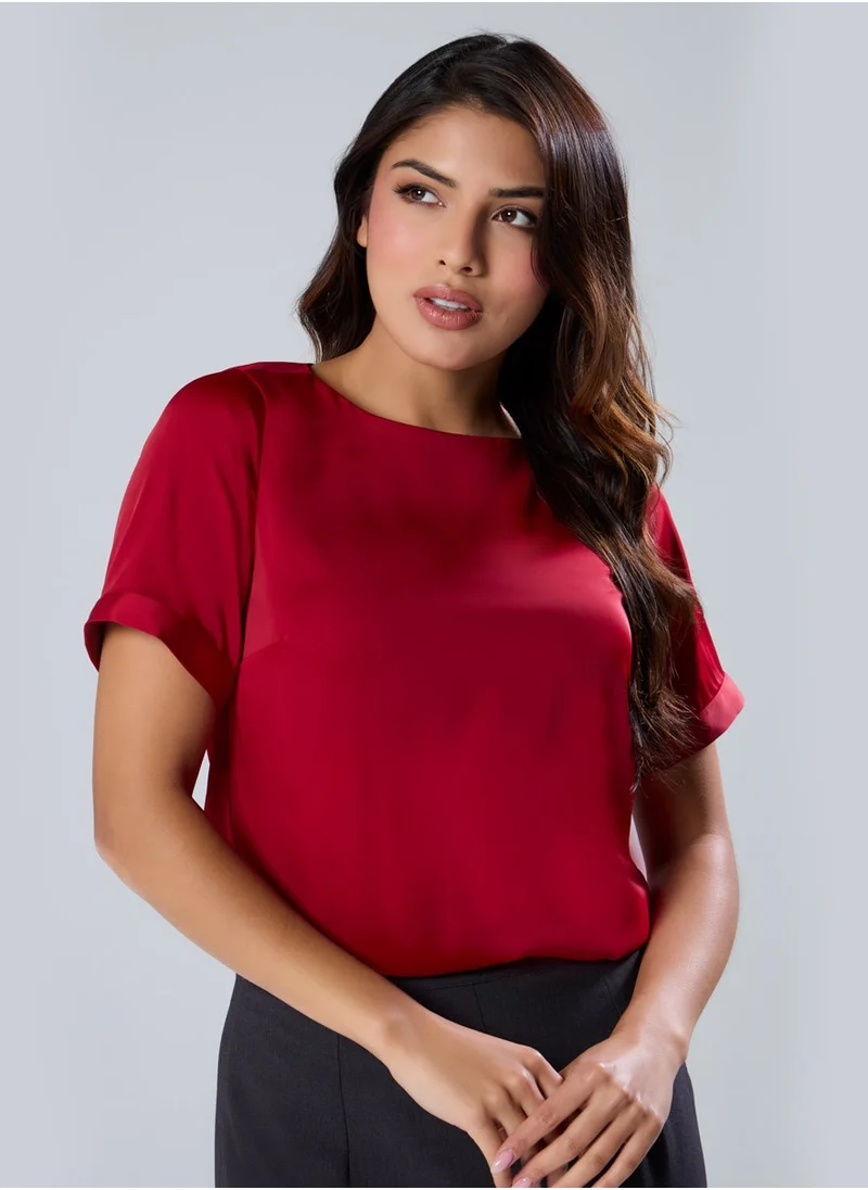 Zigzag Sleeve Extended Satin Red Top
