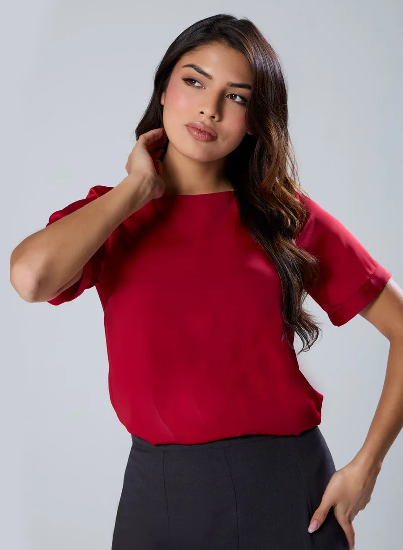 Zigzag Sleeve Extended Satin Red Top